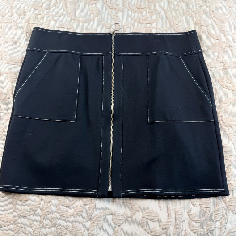 INC International Concepts Womens XL Black Zip Front Mini Skirt Contrast Stitch